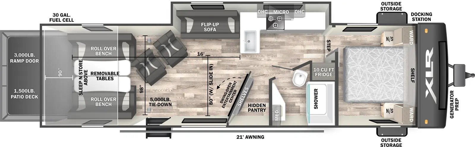 The 3016H has one slideout, two entries, and a rear ramp door. Exterior features an awning, outside storage with docking station, and a patio deck. Interior layout front to back: foot-facing queen bed with shelf above, and wardrobes and nightstands on each side, and entry door; step down to main living area with refrigerator along inner wall; door side full bathroom with medicine cabinet; off-door side slideout with kitchen counter with stove, overhead cabinet, microwave, counter wraps to peninsula with sink, and a sofa with shelf above; door side angled swing-open entertainment center with shelves and hidden pantry behind; two chairs on the off-door side, second entry, and rear opposing gauchos with removable tables and sleep n store above. Garage dimensions: 5,000 pound tie down, 93 inches from door side to off-door side, and 80.5 inch rear ramp door opening height.